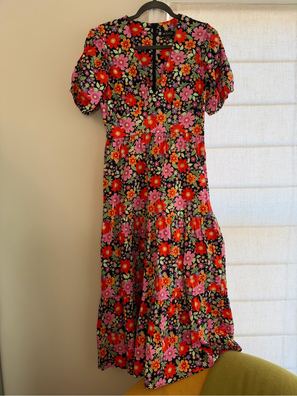 Floral Puff-Sleeve Midi Dress in Black with Pink & Orange Blooms